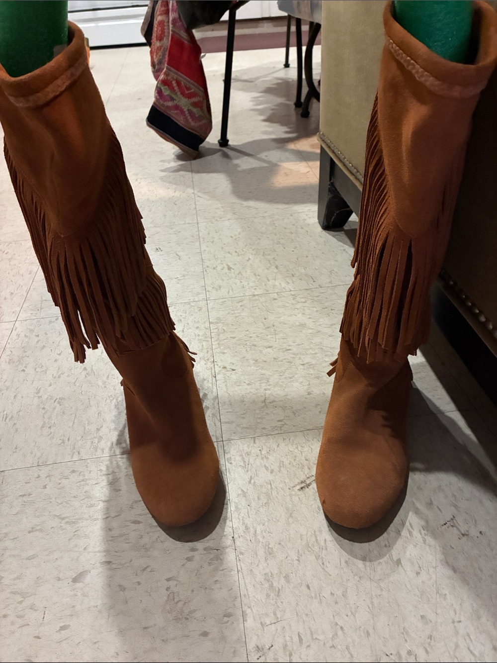 Fringe Knee-High Heeled Boots in Brown